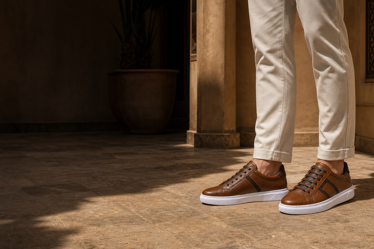 Sneakers SAYRO Marron portées avec un chino clair