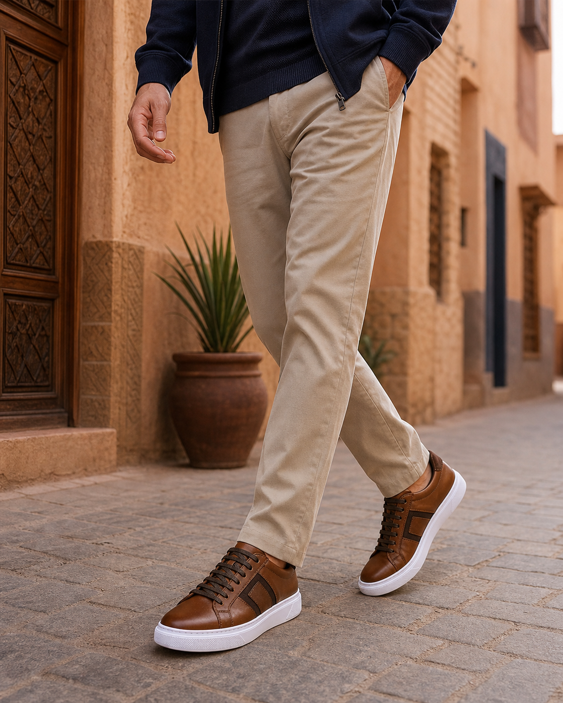 Sneaker SAYRO Marron portée avec un chino beige